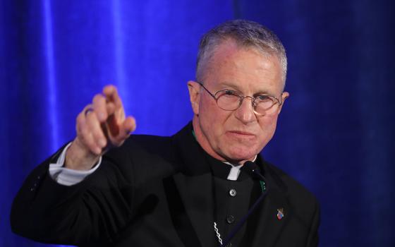 Archbishop Timothy Broglio, president of the U.S. Conference of Catholic Bishops, speaks during a news conference at a Nov. 14, 2023, session of the bishops' fall general assembly in Baltimore. (OSV News/Bob Roller)
